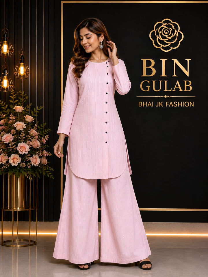 Bin Gulab Pink Textured Casual Co-ord Set – Nylon Stretch | Kurti &amp; Palazzo