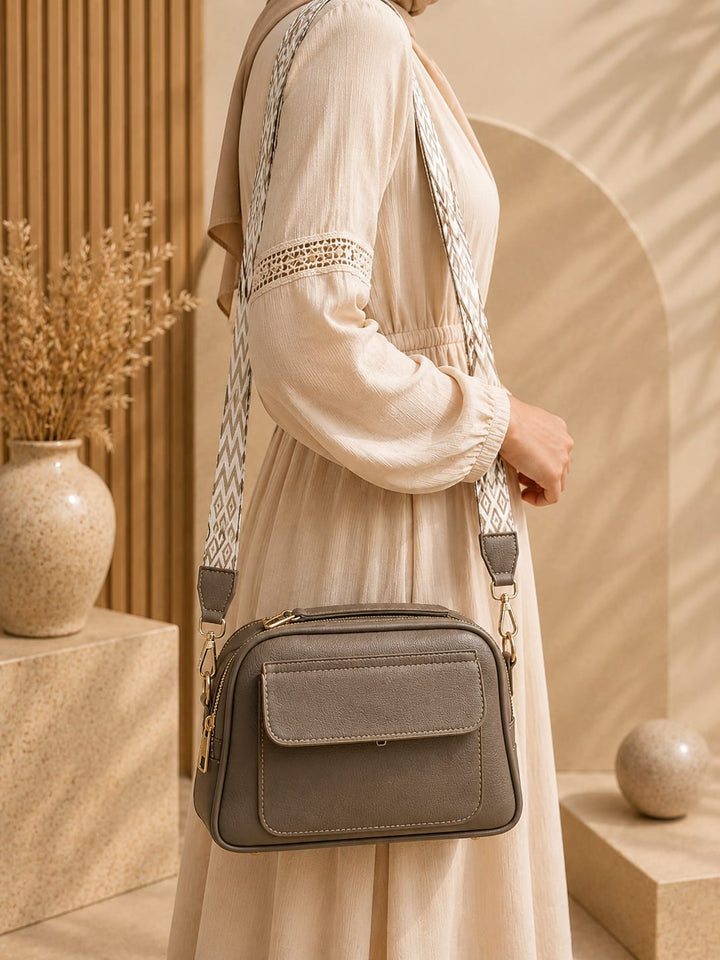 Grey Cross Body Bag with Front Pocket – Double Zipper, Woven Strap