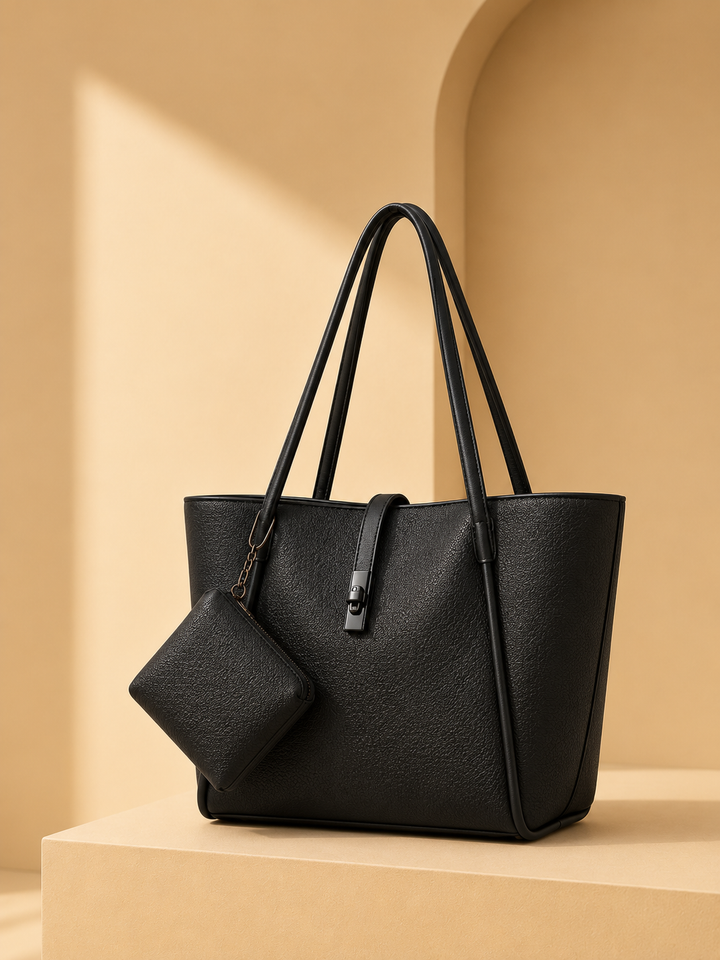 Black Tapered Tote  Two-Piece Set with Pouch