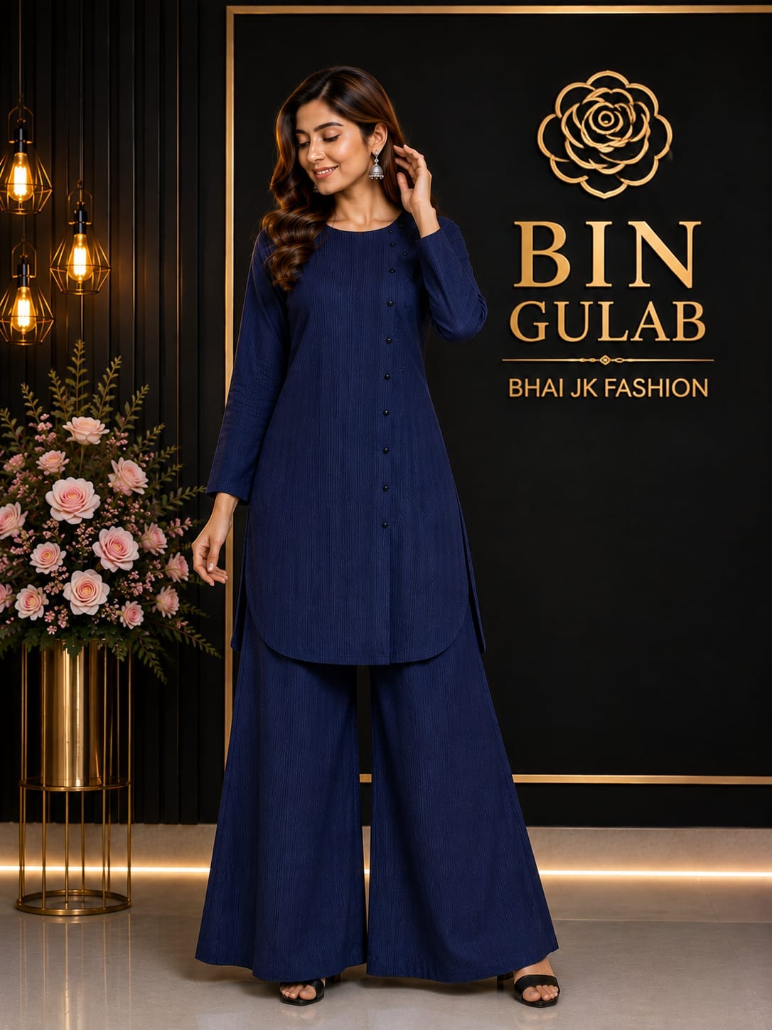 Bin Gulab Navy Blue Textured Co-ord Set – Nylon Stretch Kurti & Palazzo