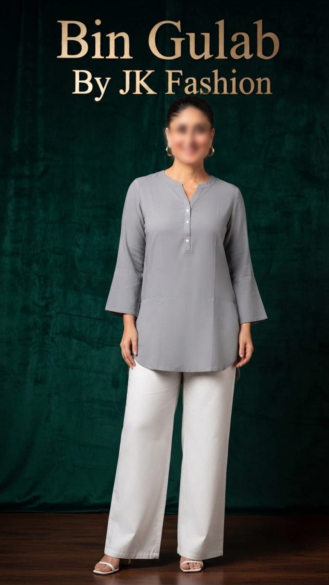 Grey Cotton Tunic | Bell-Sleeve Short Kurti