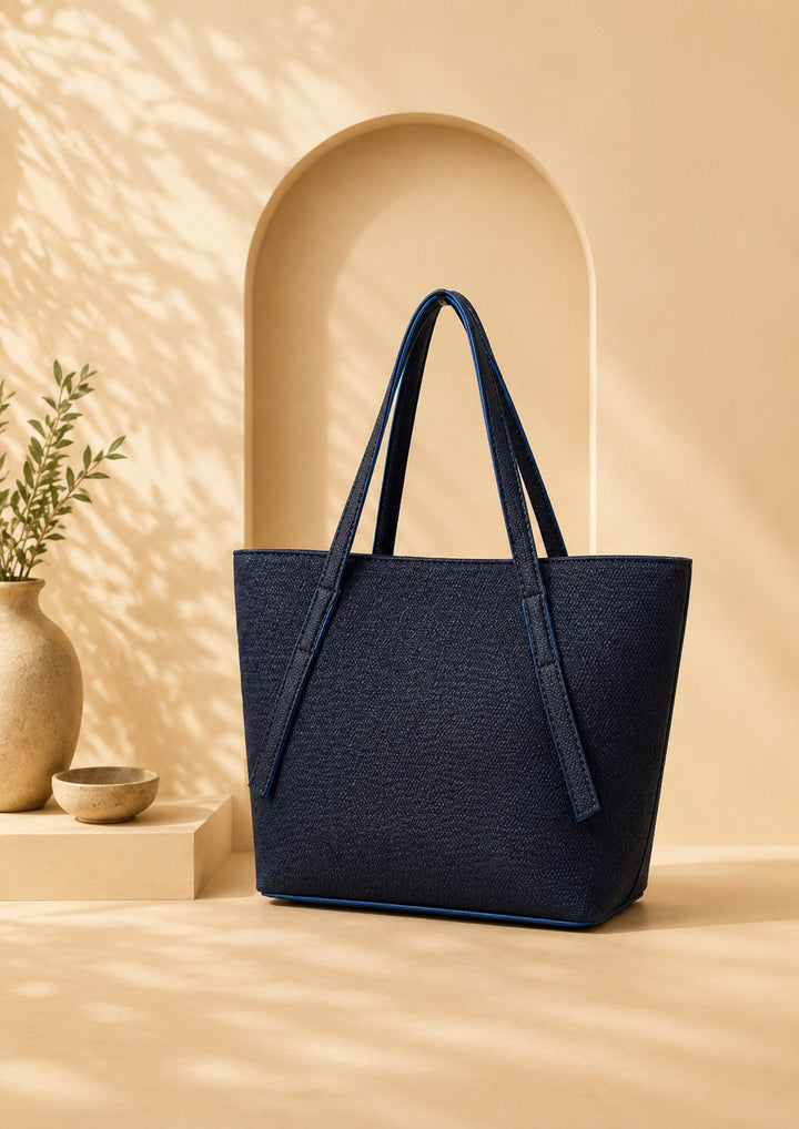 Navy Blue Shoulder Tote | Structured Woven-Texture Bag