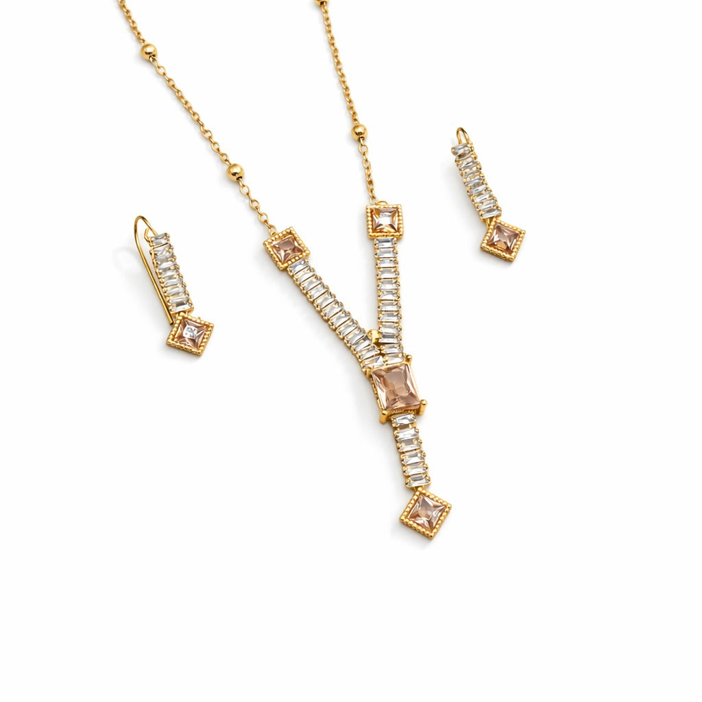 Elegant Golden Teardrop Stone Jewelry Set – Necklace & Earrings