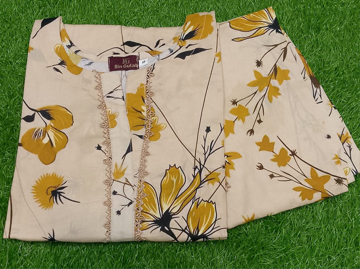 Zyan &amp; Co | Bin Gulab Golden Petals 2-Piece Stitched Lawn Suit