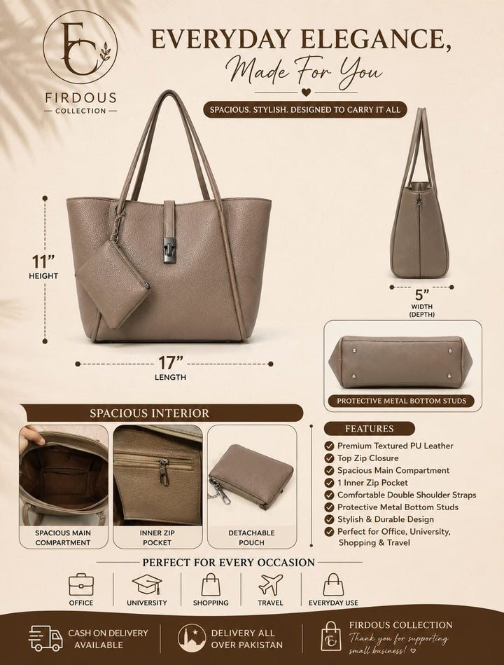 Everyday Shoulder Tote | Textured Faux Leather with Pouch