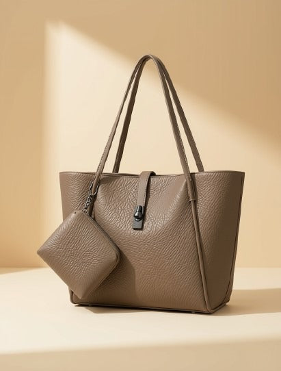 Everyday Shoulder Tote | Textured Faux Leather with Pouch