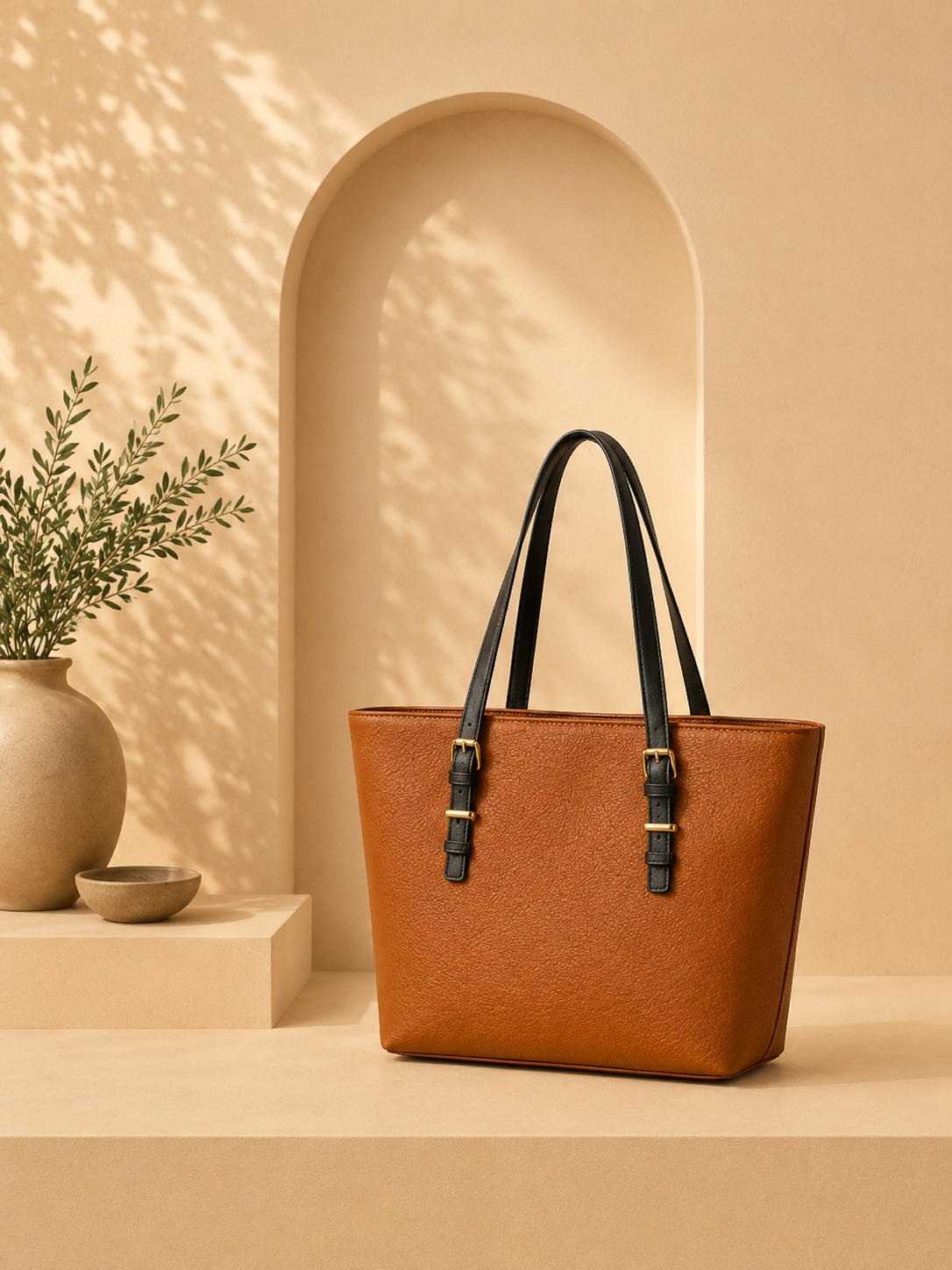 Caramel Contrast Tote | Adjustable Buckled Straps