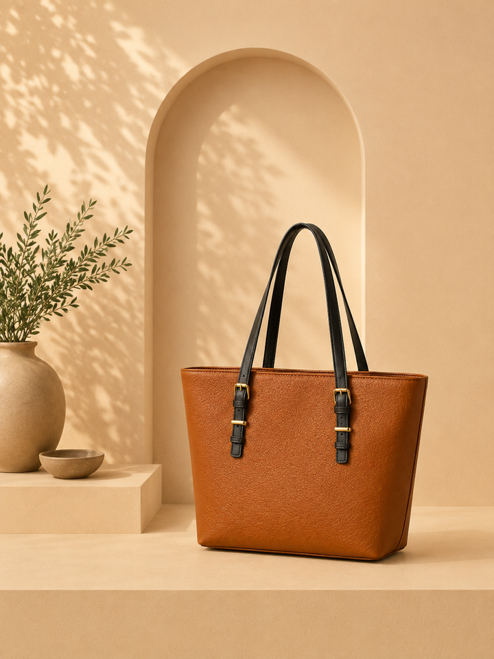 Caramel Contrast Tote | Adjustable Buckled Straps
