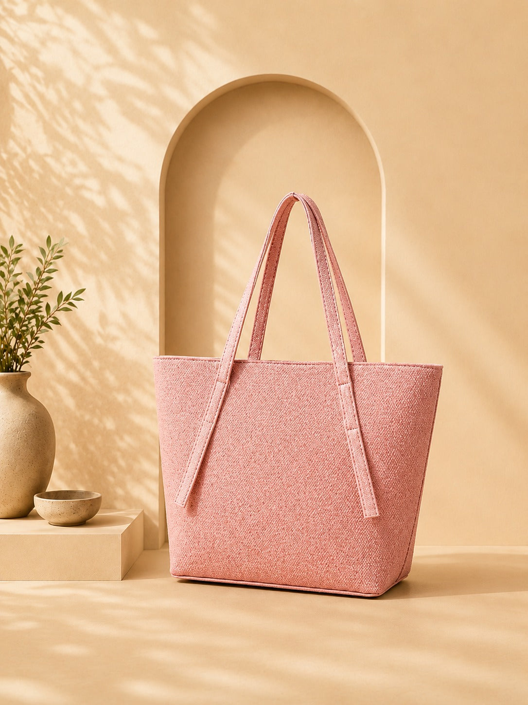 Blush Pink Shoulder Tote | Structured Woven-Texture Bag