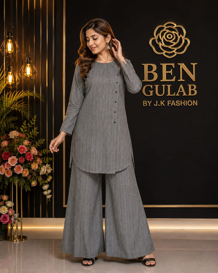 Ben Gulab Grey Textured Co-ord Set – Nylon Stretch Kurti &amp; Palazzo