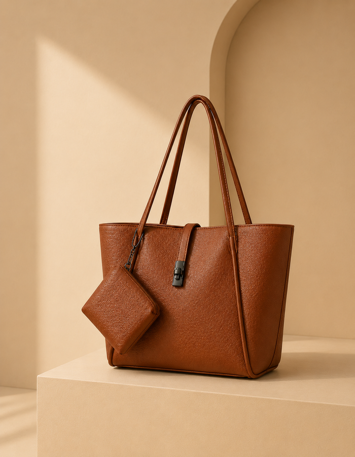 Caramel Shoulder Tote with Matching Clutch