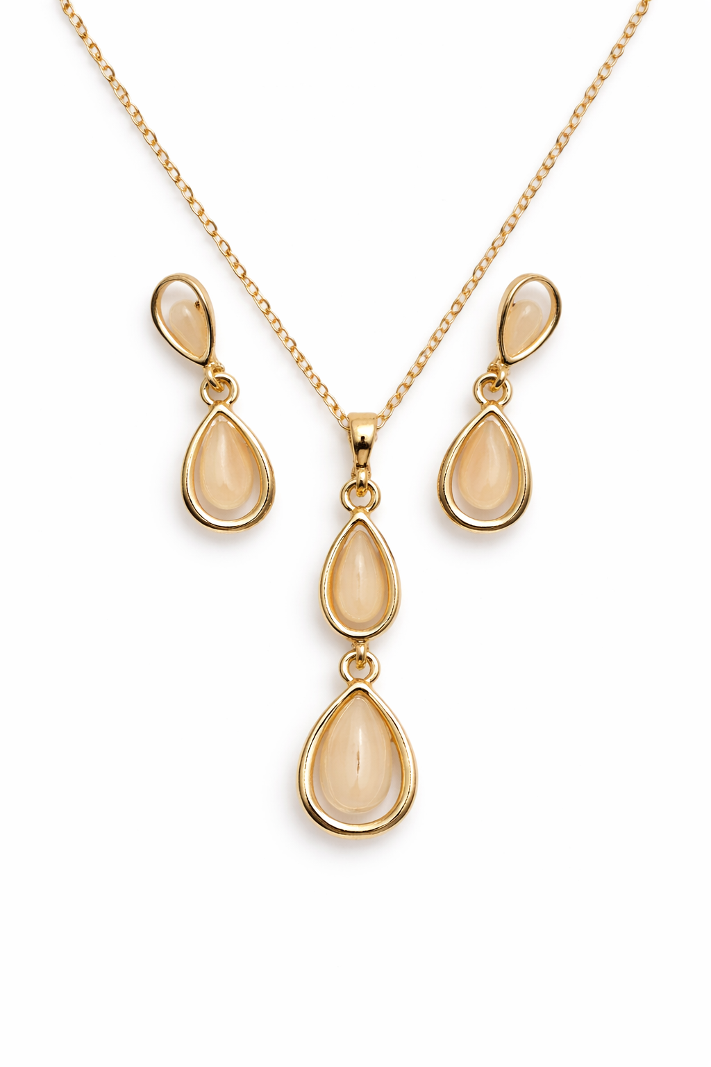 Elegant Golden Teardrop Stone Jewelry Set – Necklace & Earrings