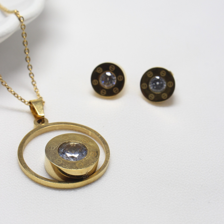 Crystal Halo Jewelry Set  Gold Tone Necklace & Earrings