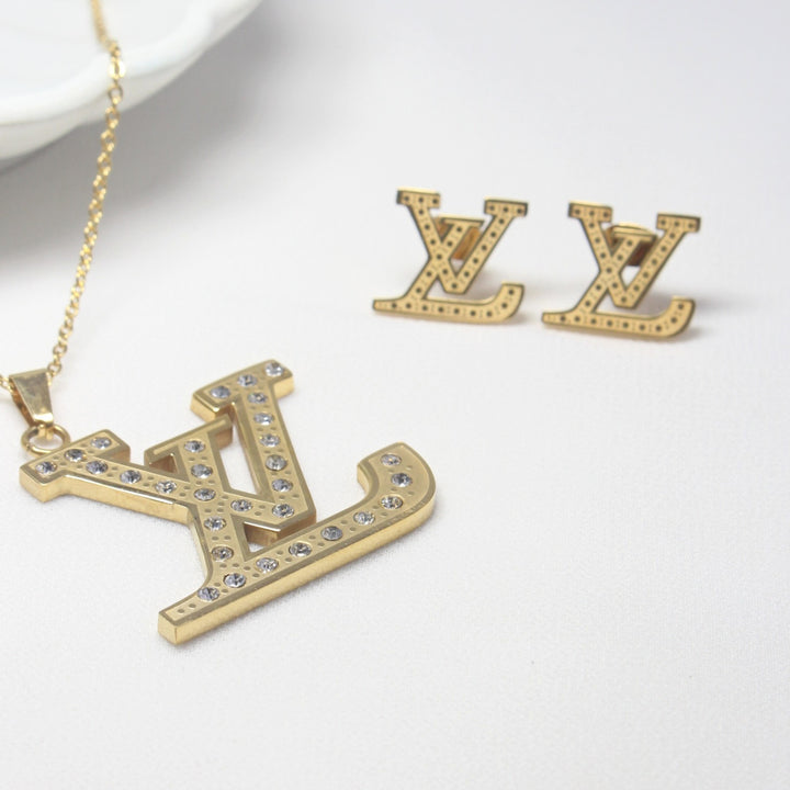 Luxury Crystal Monogram Pendant Necklace & Stud Earrings Set