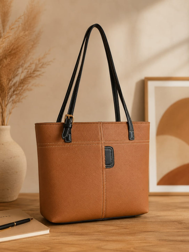 Tan Grained Tote | Black Strap Everyday Shoulder Bag
