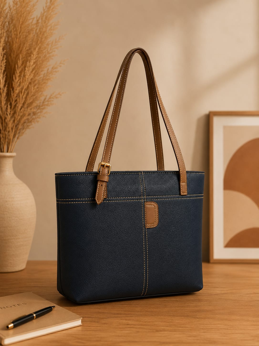 Navy &amp; Tan Shoulder Tote | Contrast Trim Handbag