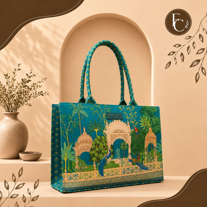 Royal Garden Tote Bag | Mughal Peacock Print