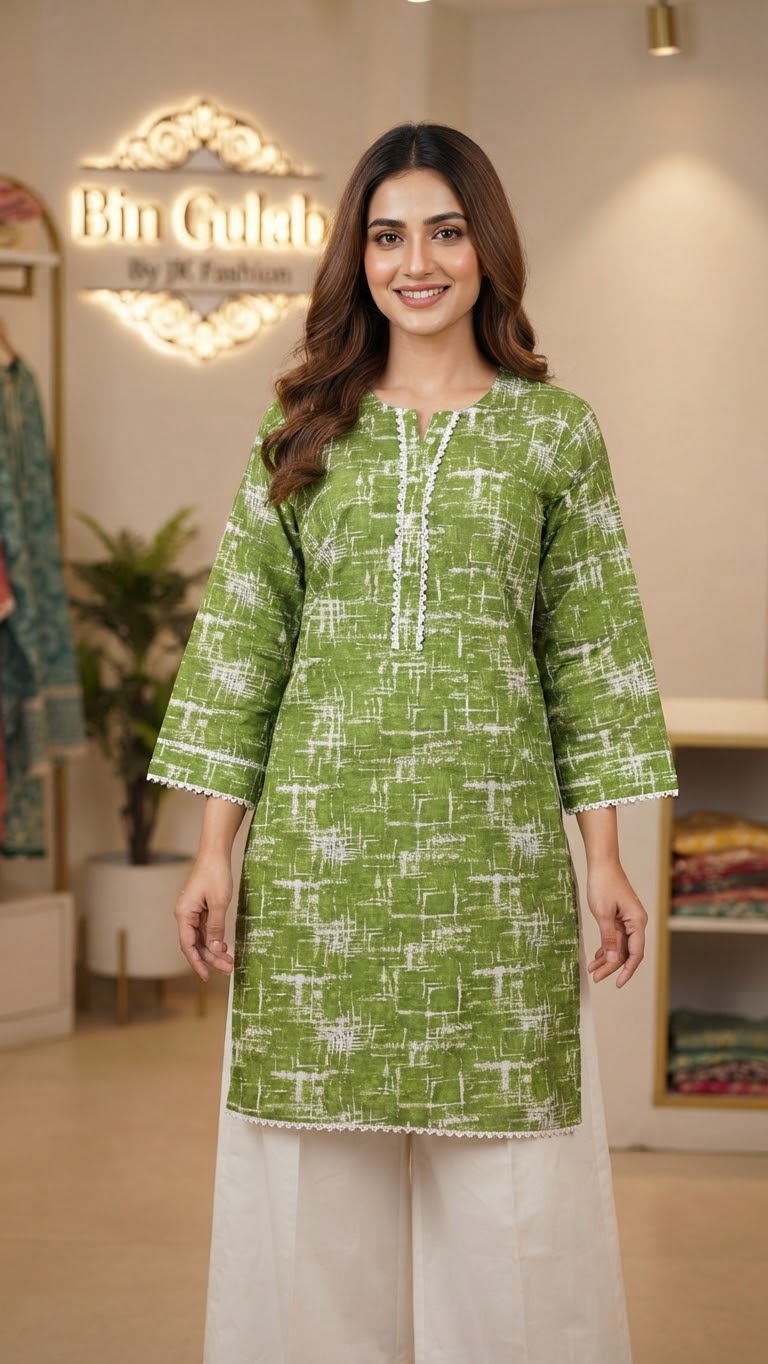 Zyan &amp; Co. Green Lawn Kurti with Delicate Lace Finish | Daily &amp; Office Wear