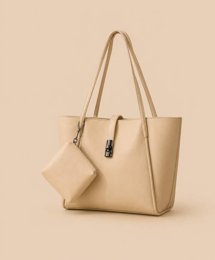 Cream Tapered Tote  Two-Piece Set with Pouch