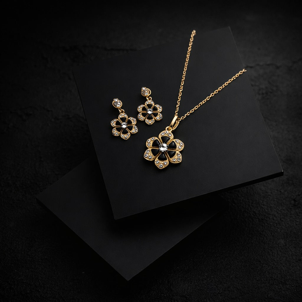 Elegant Black Teardrop Stone Jewelry Set – Necklace & Earrings