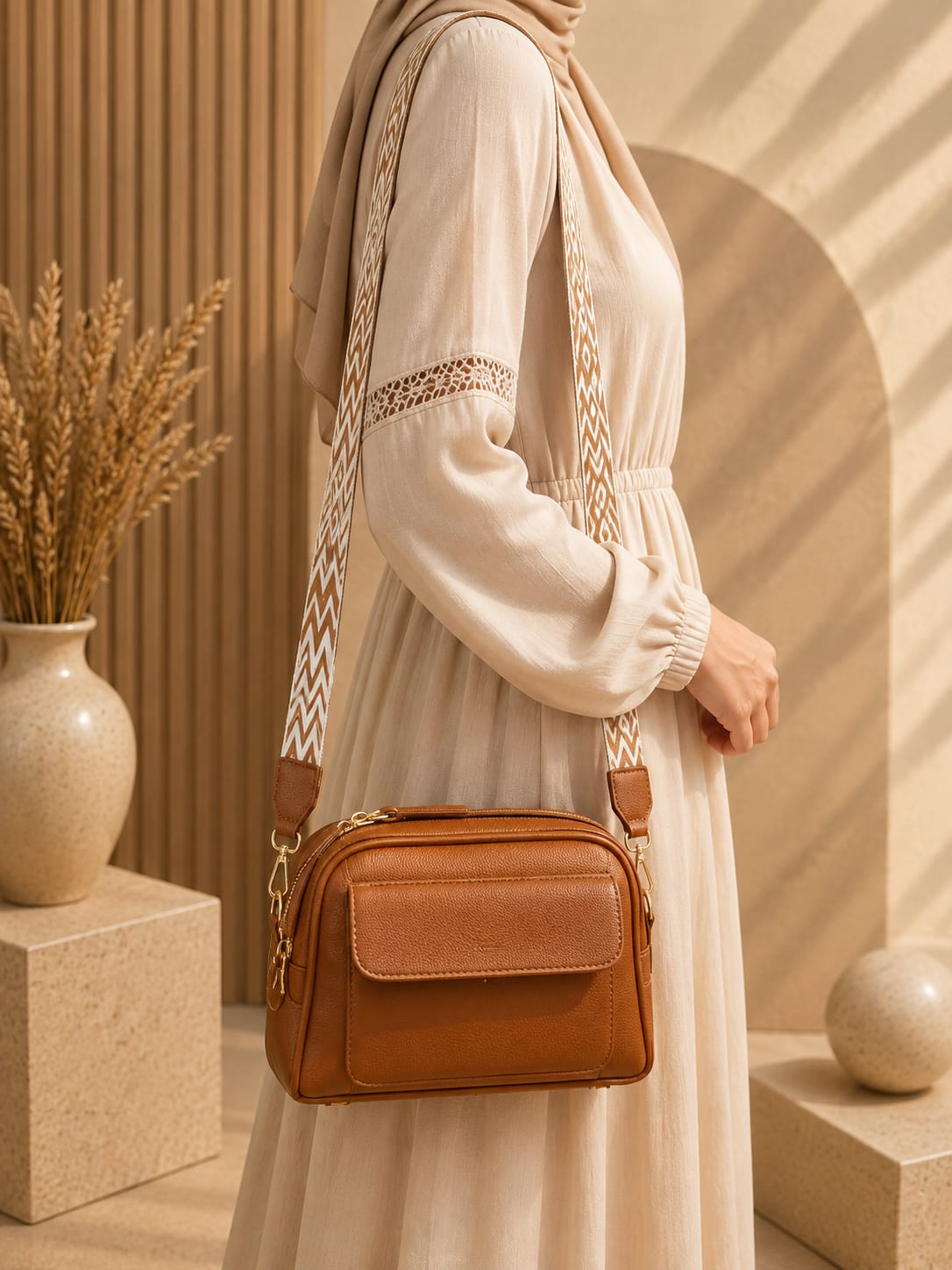 Cognac Cross Body Bag with Front Pocket – Double Zipper, Woven Strap