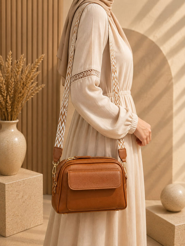 Cognac Cross Body Bag with Front Pocket – Double Zipper, Woven Strap