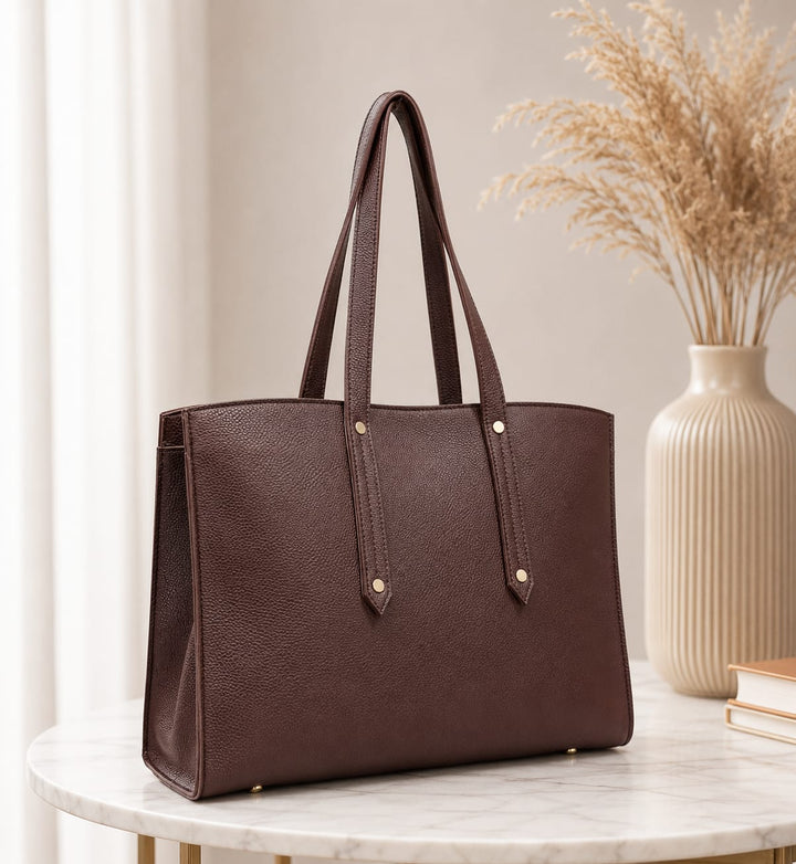 Tan Brown Structured Tote | Grained Faux Leather Work Bag