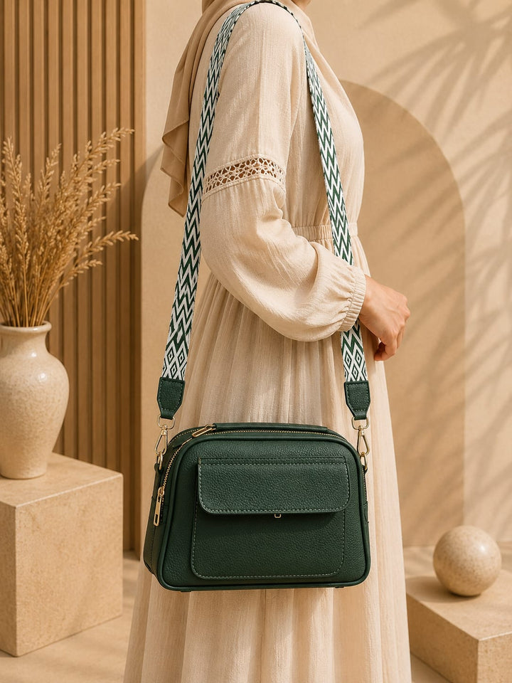 Emerald Green Cross Body Bag with Front Pocket – Double Zipper, Woven Strap