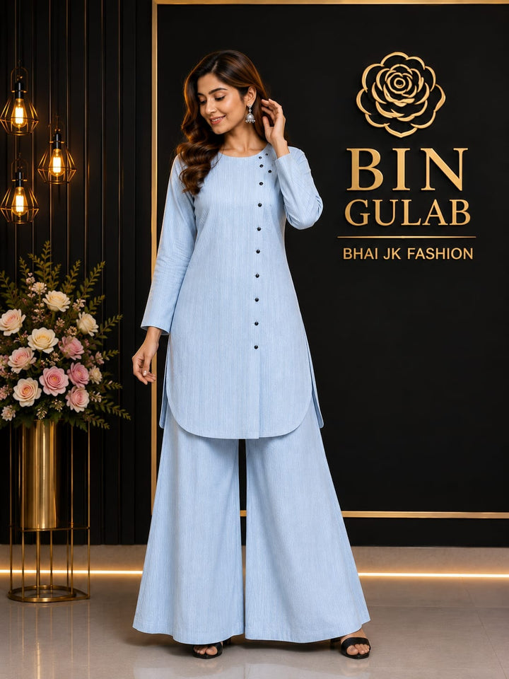 Bin Gulab Sky Blue Textured Co-ord Set – Nylon Stretch Kurti &amp; Palazzo