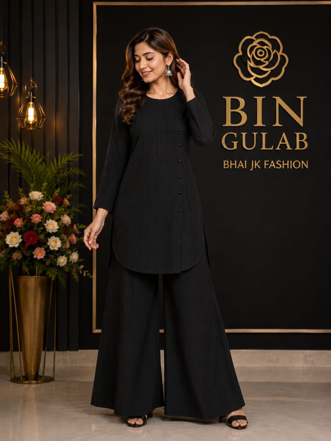 Bin Gulab Classic Black Textured Co-ord Set – Nylon Stretch Kurti &amp; Palazzo
