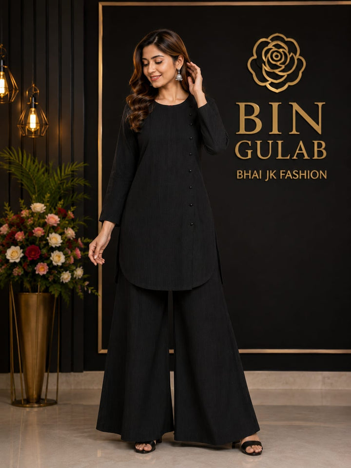 Bin Gulab Classic Black Textured Co-ord Set – Nylon Stretch Kurti &amp; Palazzo