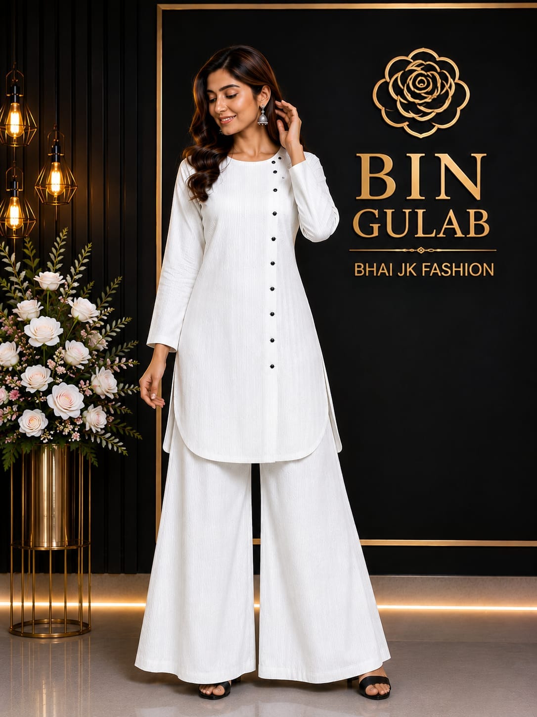 Bin Gulab Pure White Textured Co-ord Set  Nylon Stretch Kurti &amp; Palazzo