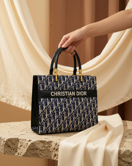 Navy Woven Structured Tote | Top Handle Handbag