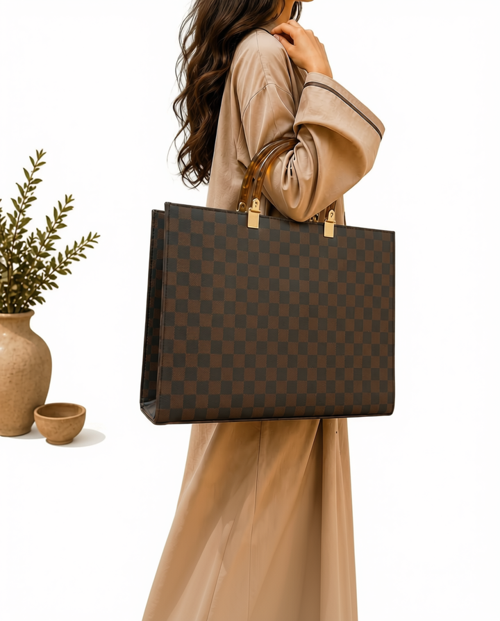 Checkerboard Structured Tote | Top Handle Work Bag