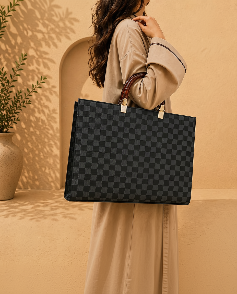 Black Checkerboard Structured Tote | Top Handle Work Bag