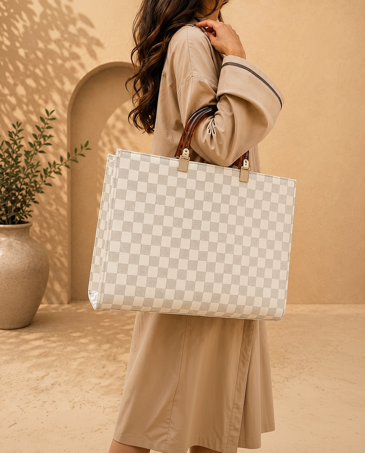 Cream Checkerboard Structured Tote | Top Handle Work Bag