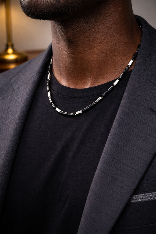 MENS SILVER AND BLACK CHAIN