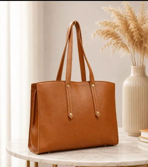 Tan Brown Structured Tote | Grained Faux Leather Work Bag