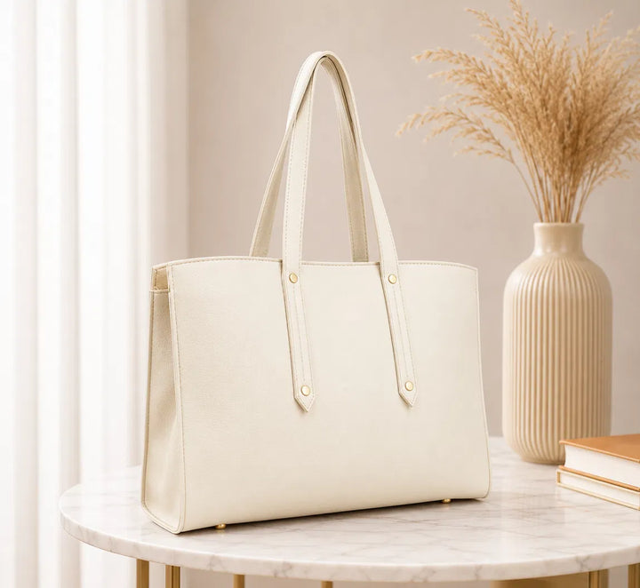 Cream Grained Carryall | Structured Faux Leather Work Tote