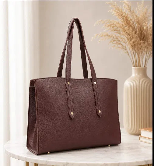 Burgundy Structured Tote | Grained Faux Leather Work Bag