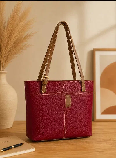 Maroon &amp; Tan Shoulder Tote | Contrast Trim Handbag