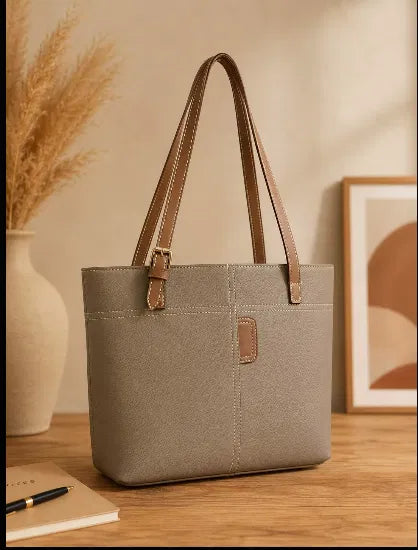 Taupe &amp; Tan Shoulder Tote | Contrast Trim Handbag