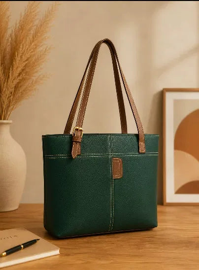 Forest Green &amp; Tan Shoulder Tote | Contrast Trim Handbag