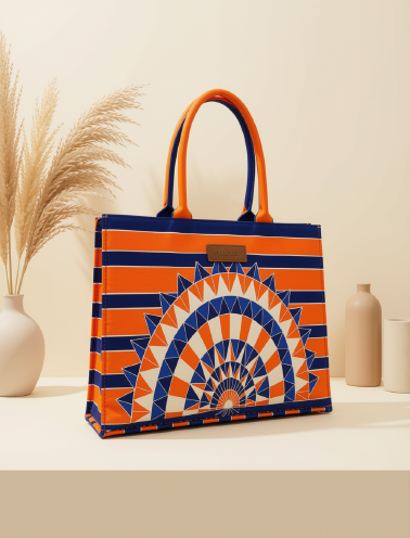 Sunrise Weave Canvas Tote Bag – Orange &amp; Navy Striped Handbag