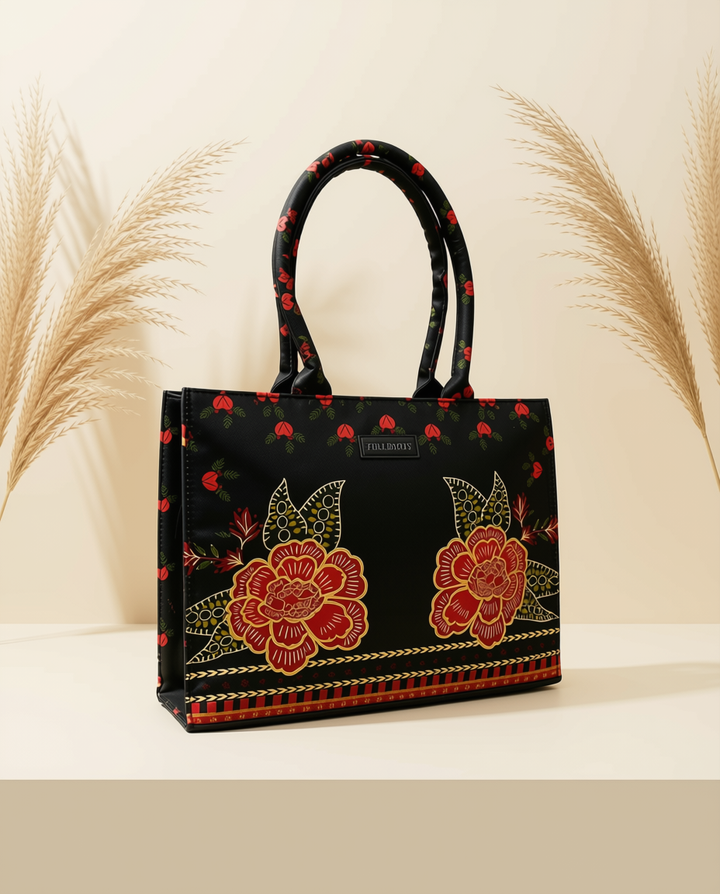 Midnight Bloom Floral Tote Bag – Black &amp; Red Embroidered-Print Handbag